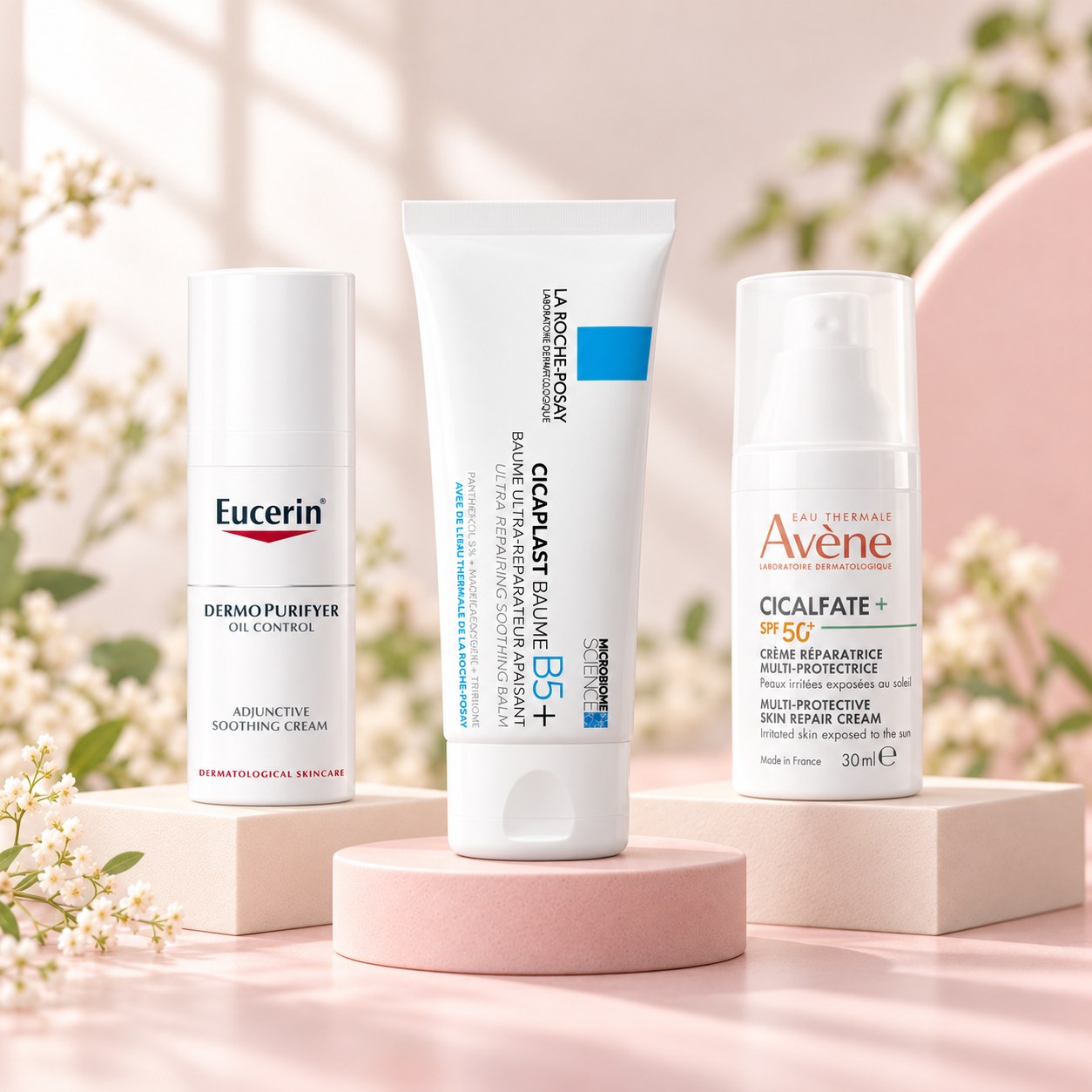Eucerin DermoPurifyer, La Roche-Posay Cicaplast B5+ and Avène Cicalfate+ creams on pale rose display blocks