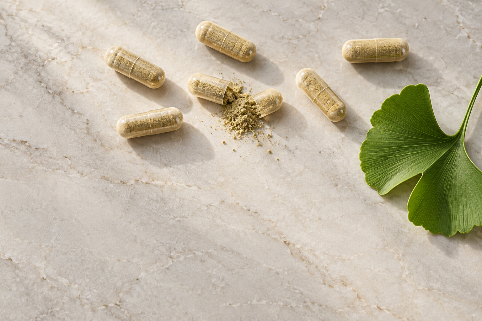 Herbal capsules and a fresh ginkgo leaf on pale stone