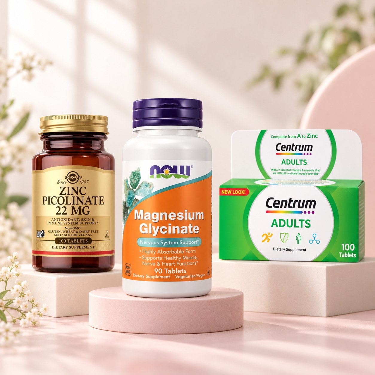 NOW Magnesium Glycinate, Solgar Zinc Picolinate and Centrum Adults on pale rose display blocks